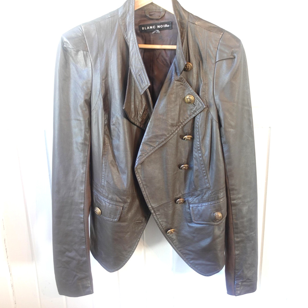 Blanc Noir Jacket Womens Small Brown Leather Military Asymmetrical Gold Buttons